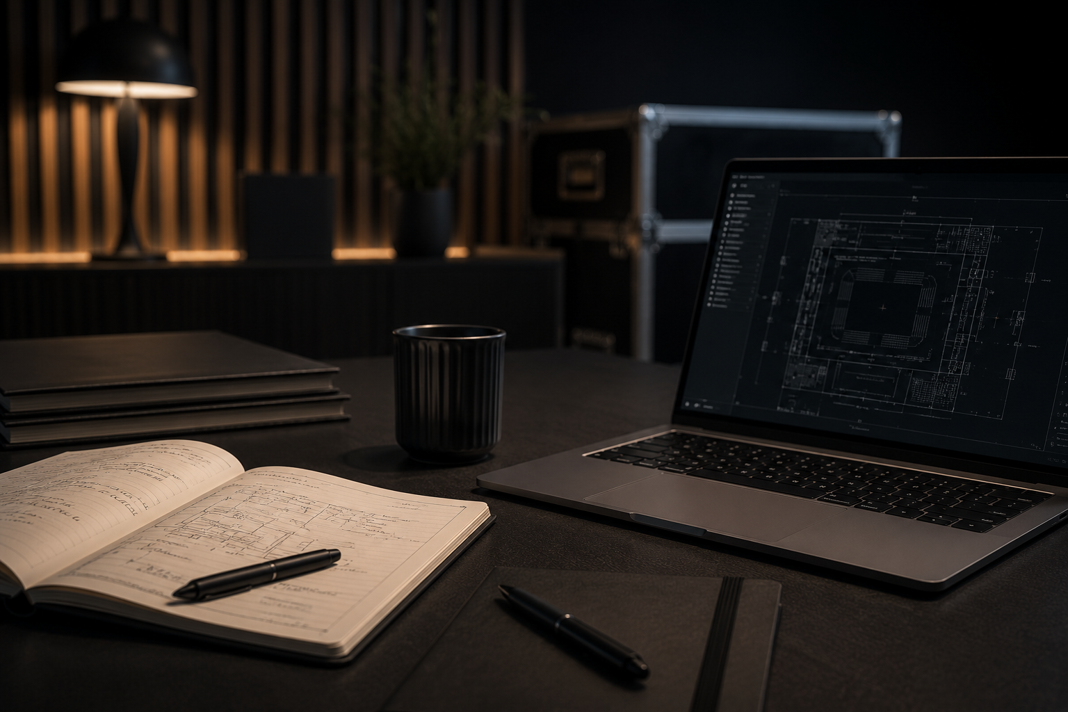 Sfeervolle office setting met laptop, technische planning en voorbereiding voor een zakelijke productie